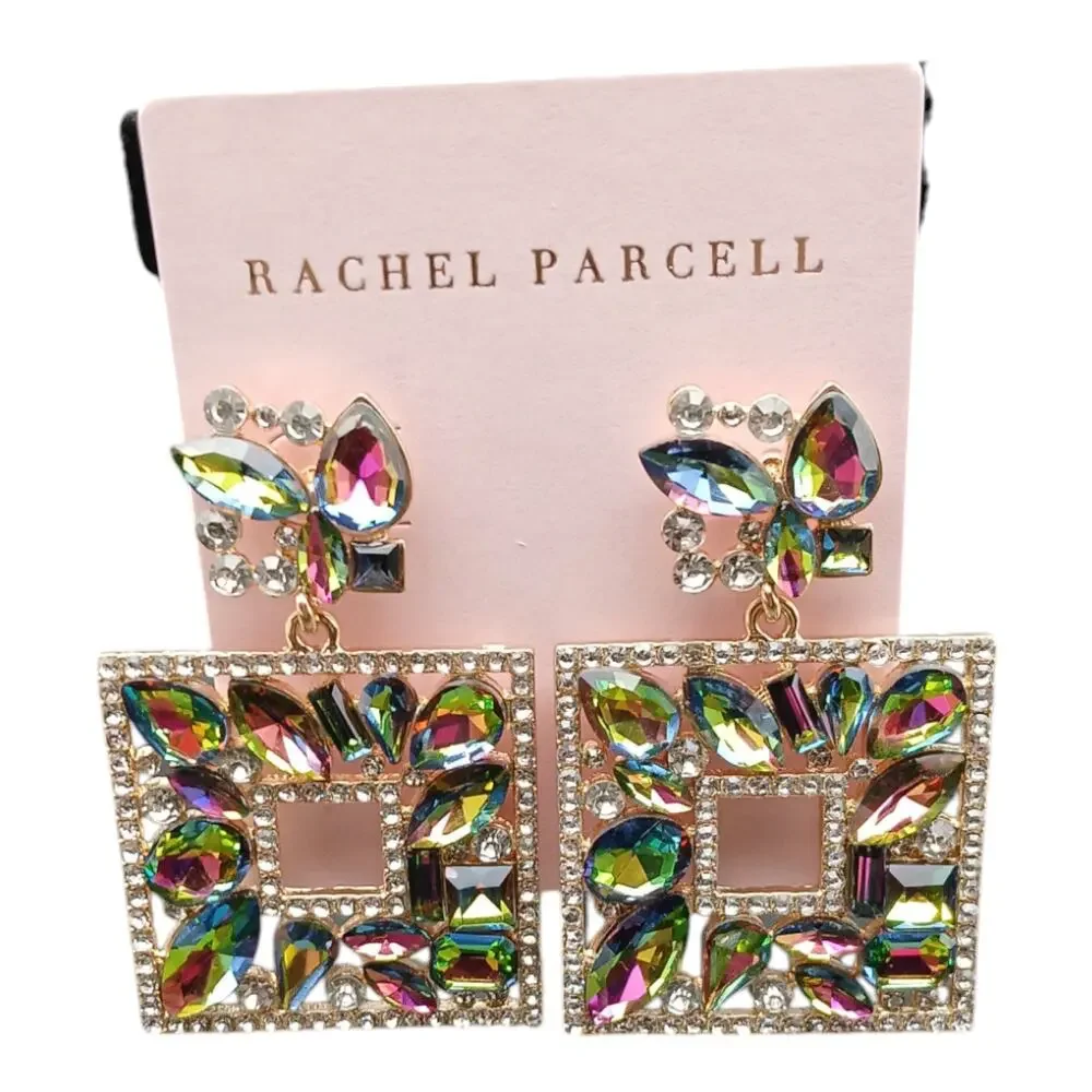 Rachel Parcell Statement Square Drop Earrings Multi-Color Crystal Rhinestone - Picture 1 of 5